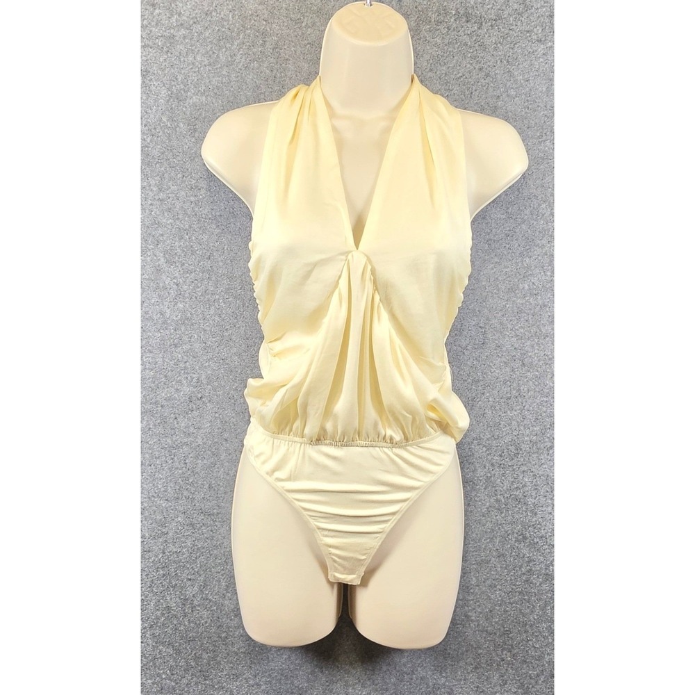 Promesa Halter Neck Bodysuit Cream Yellow V-Neck Pleated Draped Thong NWT Large